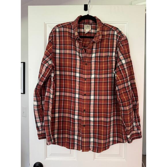 L.L.Bean Mens Flannel XL Regular Plaid Mens Shirt Collared Rust Orange Yellow - Picture 1 of 5